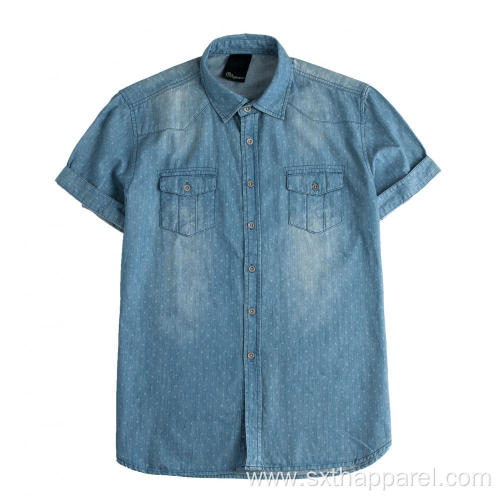 Washable Men's Short Sleeve Denim Dobby Shirts